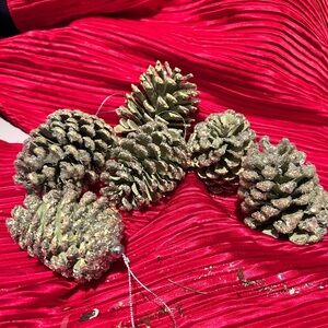 Six 3” to 4” gold colored - silver sparkle decorated pine cones - handcrafted